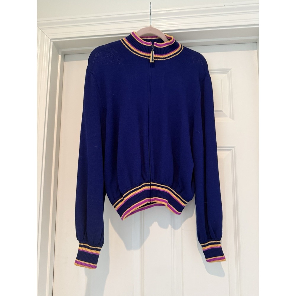 St John Sport‎ Marie Gray Knit Zip Jacket Blue Stripe Trim Size L USA